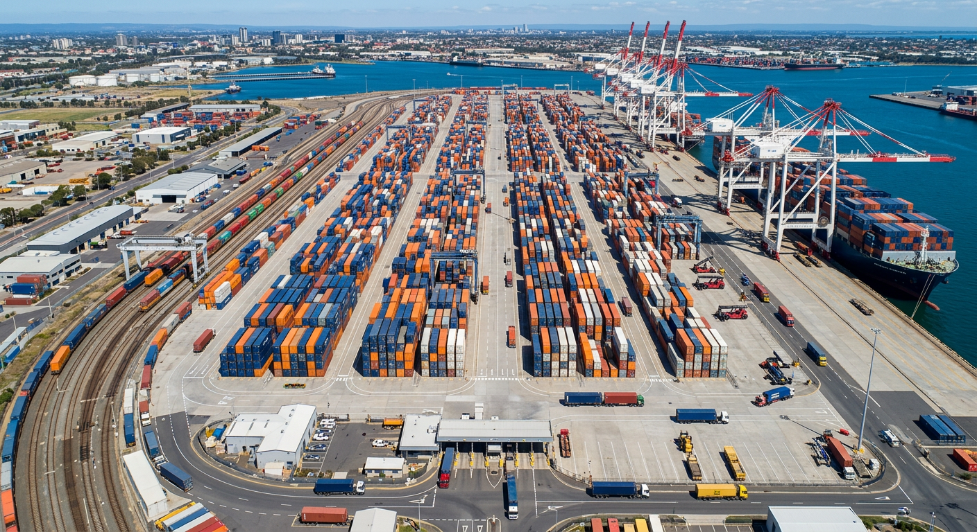 Vista aérea de pátio de contêineres com acesso ferroviário e rodoviário